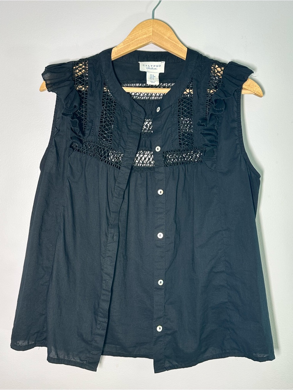 Calypso St. Barth 100% Cotton Black Sleeveless Lace-Yoke Button Up Medium